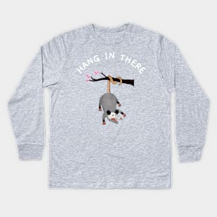 Weird and Funny Opossum Design that Says Hang in There, Possum Hanging From Tree, Retro Humor, Anxiety Possum Unique Kids Long Sleeve T-Shirt